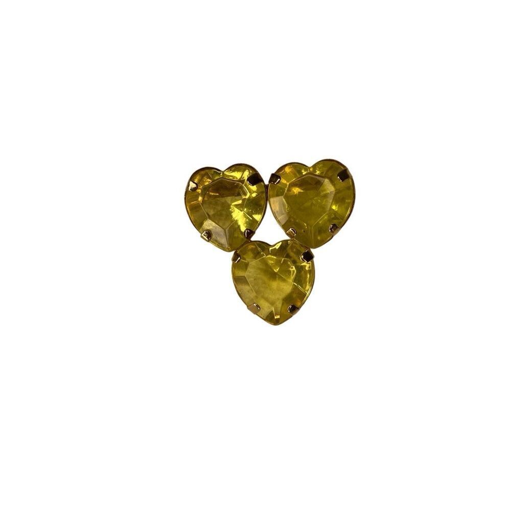 Vintage Gold Tone Triple Heart Brooch Yellow Glass Faceted Stones Pin Jewelry
